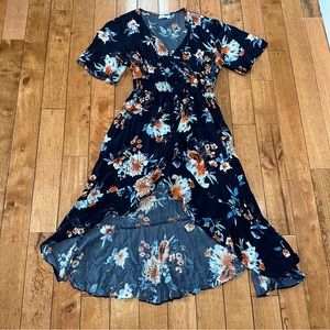 Women's Short Sleeve Navy Floral High Low V-Neck Long Maxi Dress, Size XL